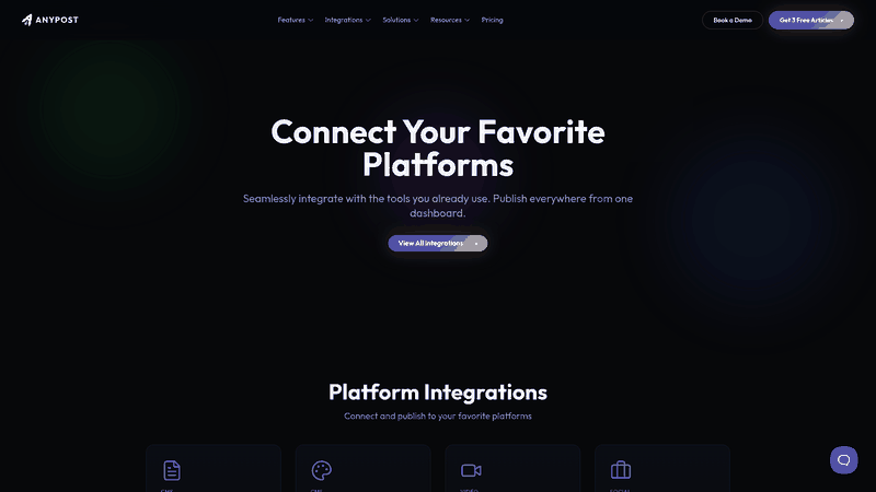Screenshot: Integration page showing a dashboard that publishes content across multiple platforms.