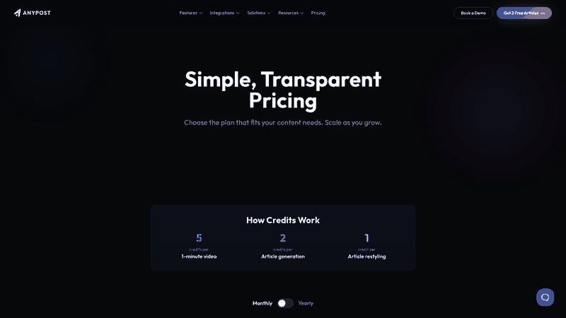 Screenshot: Pricing table highlighting content creation, SEO optimization, multi‑platform publishing, and analytics tiers.