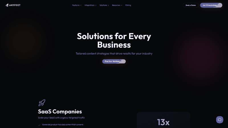 Screenshot: Solutions overview with case‑study style metrics for SaaS, B2B, agencies, e‑commerce, and local businesses.