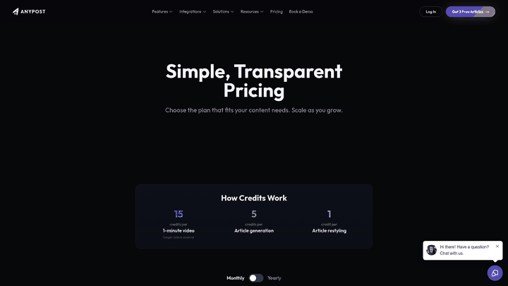 Screenshot: AnyPost.ai pricing page displaying tiered plans and credit structure.