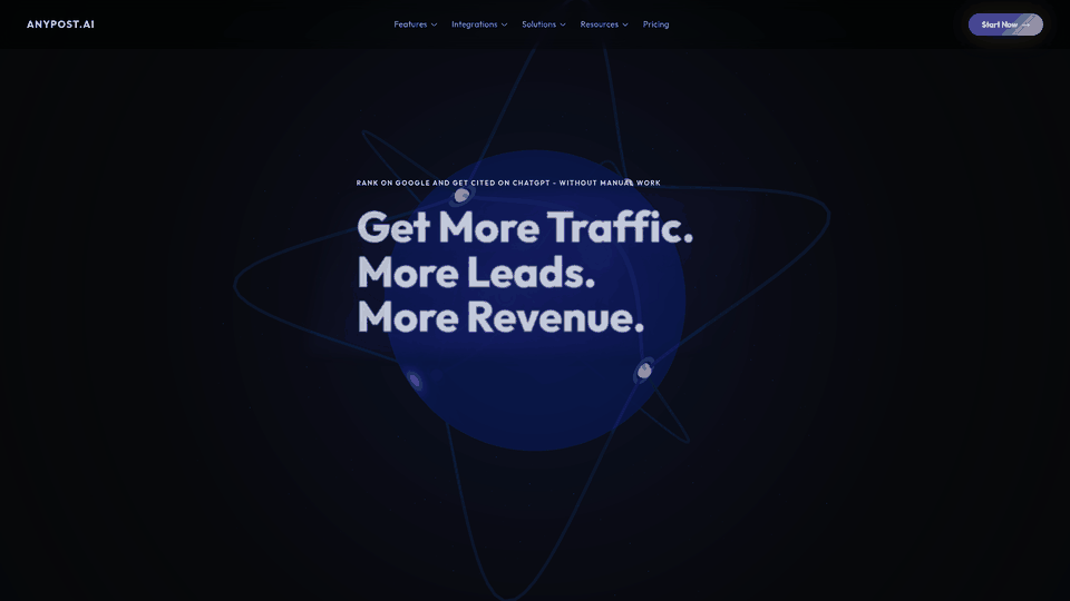 Screenshot: Homepage overview showcasing the platform’s promise to generate and auto‑publish SEO‑ready content that matches your brand voice.