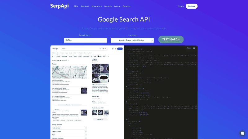 Screenshot: SerpApi homepage showing API description, key features, and pricing tiers.