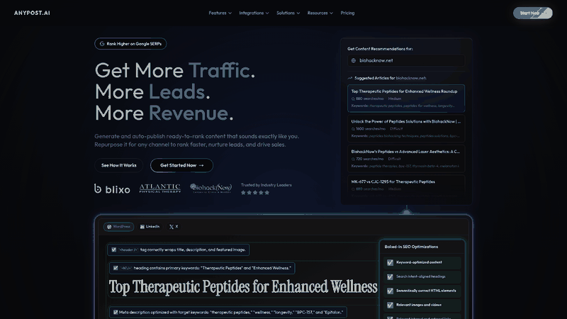 Screenshot: Full‑page view of the AnyPost.ai platform, highlighting content generation, SEO‑optimization, and publishing workflows.