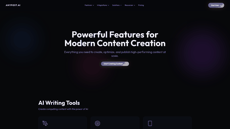 Screenshot: Feature list screenshot showing Content Scheduling, Multi‑platform Publishing, SEO Optimization, and Real‑time Analytics.