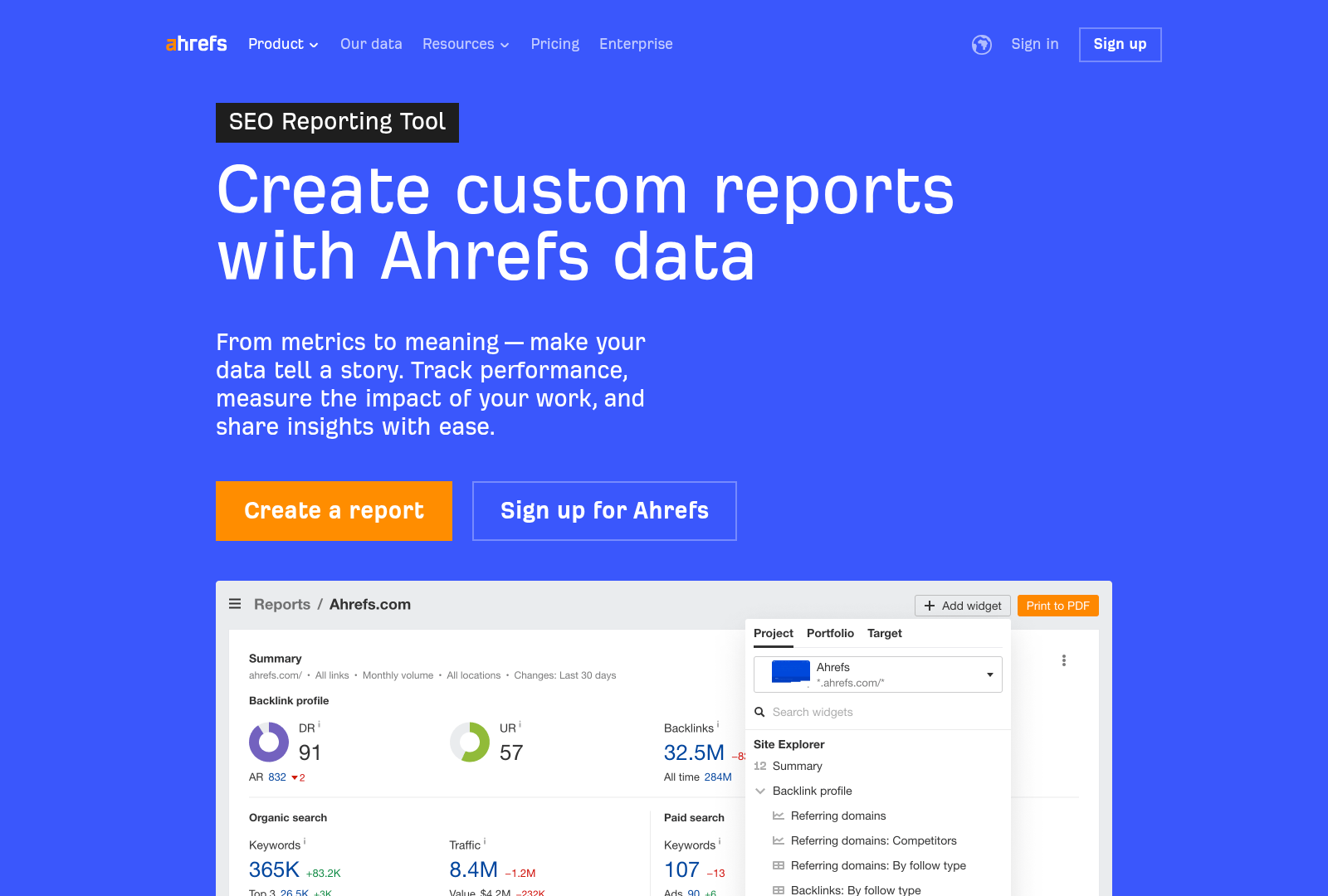 Screenshot: Screenshot of the Report Builder page, showing the widget selection panel and scheduling options for automated reports.