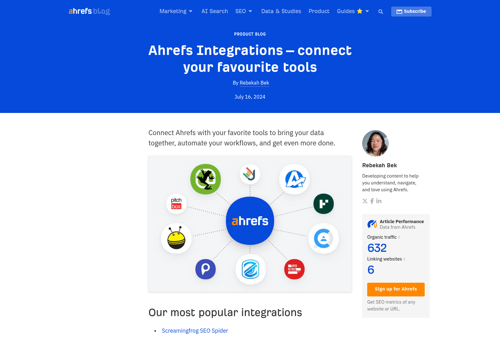 Screenshot: Screenshot of the Ahrefs Integrations blog post, listing popular integrations such as Agency Analytics, Databox, and Google Sheets.