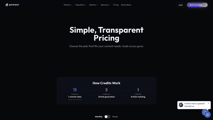 Screenshot: AnyPost.ai pricing structure showing free tier and credit-based plans.