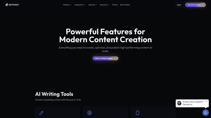 Screenshot: Feature list of AnyPost.ai, emphasizing AI content generation, SEO optimization, and analytics.