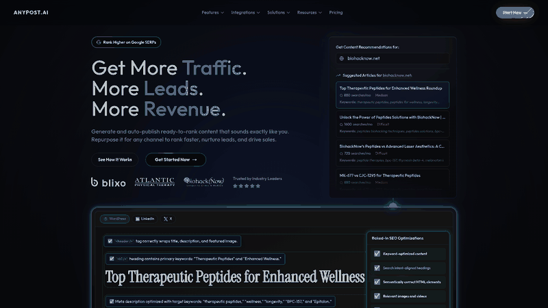 Screenshot: Homepage overview of AnyPost.ai showcasing core features and brand voice.