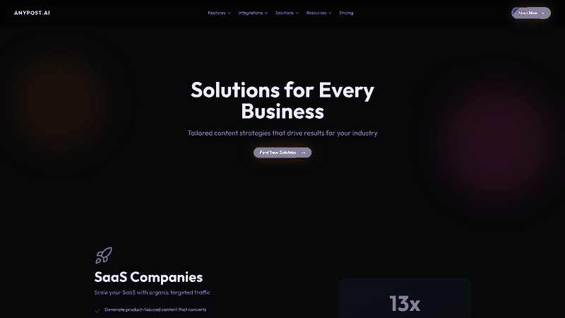 Screenshot: Solutions page presenting case studies and analytics for SaaS, B2B, and agencies.