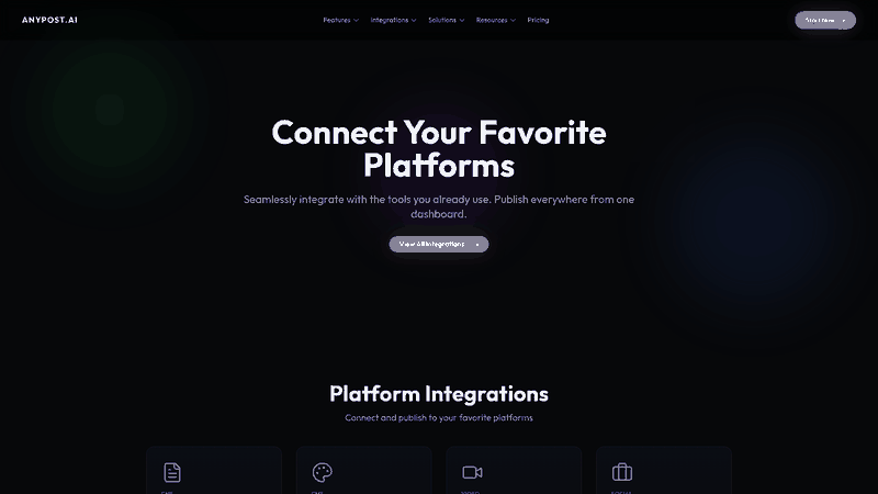 Screenshot: Integrations page showing one‑dashboard publishing to multiple platforms.