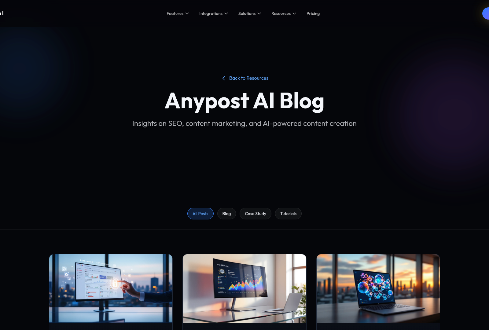 Screenshot: Blog listing offering resources on AI content, SEO, and persona strategies