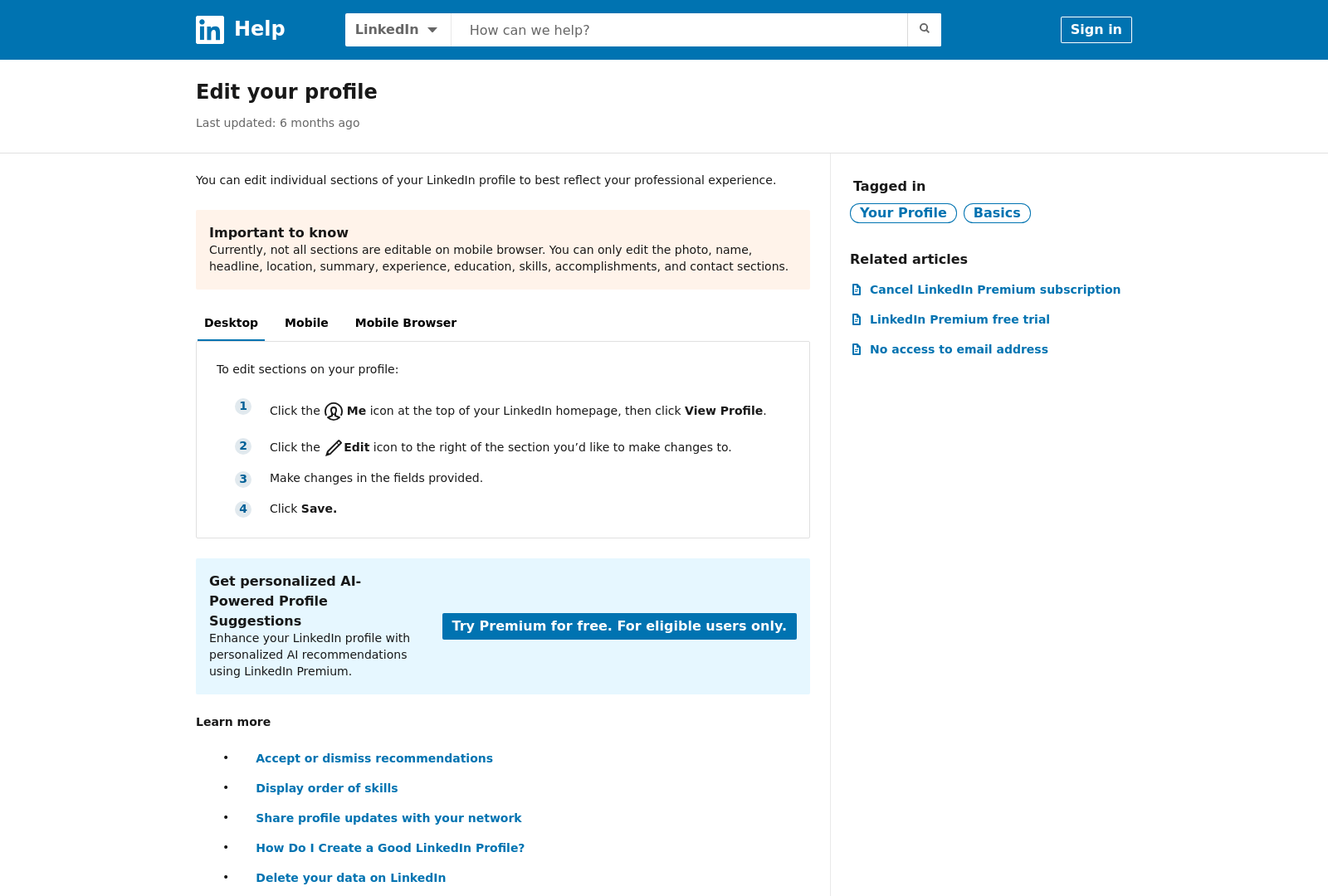 Screenshot: LinkedIn help page showing the profile edit interface and key editable sections.