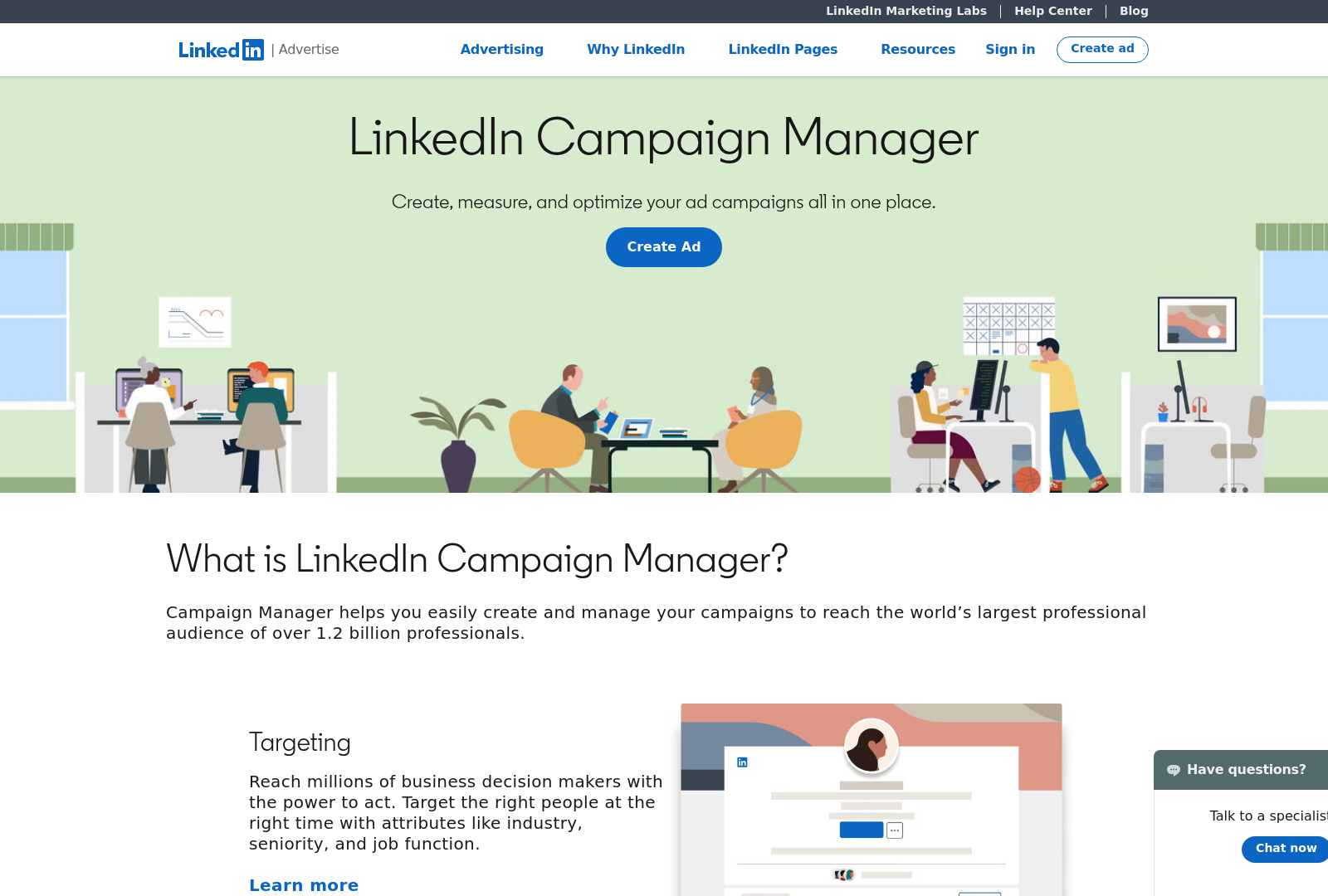 Screenshot: LinkedIn Campaign Manager interface, highlighting ad creation, targeting options, and performance metrics.