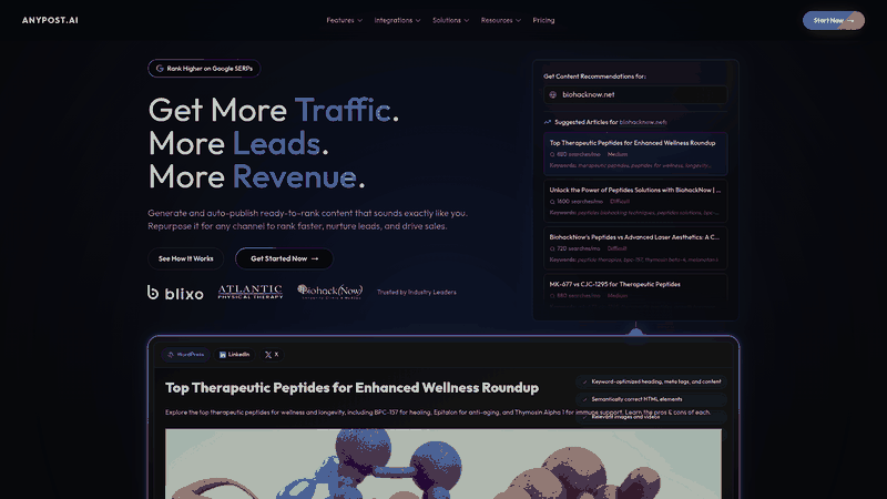 Screenshot: Homepage showcasing the platform’s focus on long‑form narrative, brand‑voice matching, and SEO‑optimized publishing.