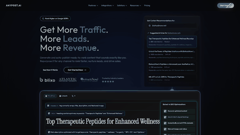 Screenshot: Homepage overview of the Anypost.ai platform, showcasing its branding, key value propositions, and navigation to core features.