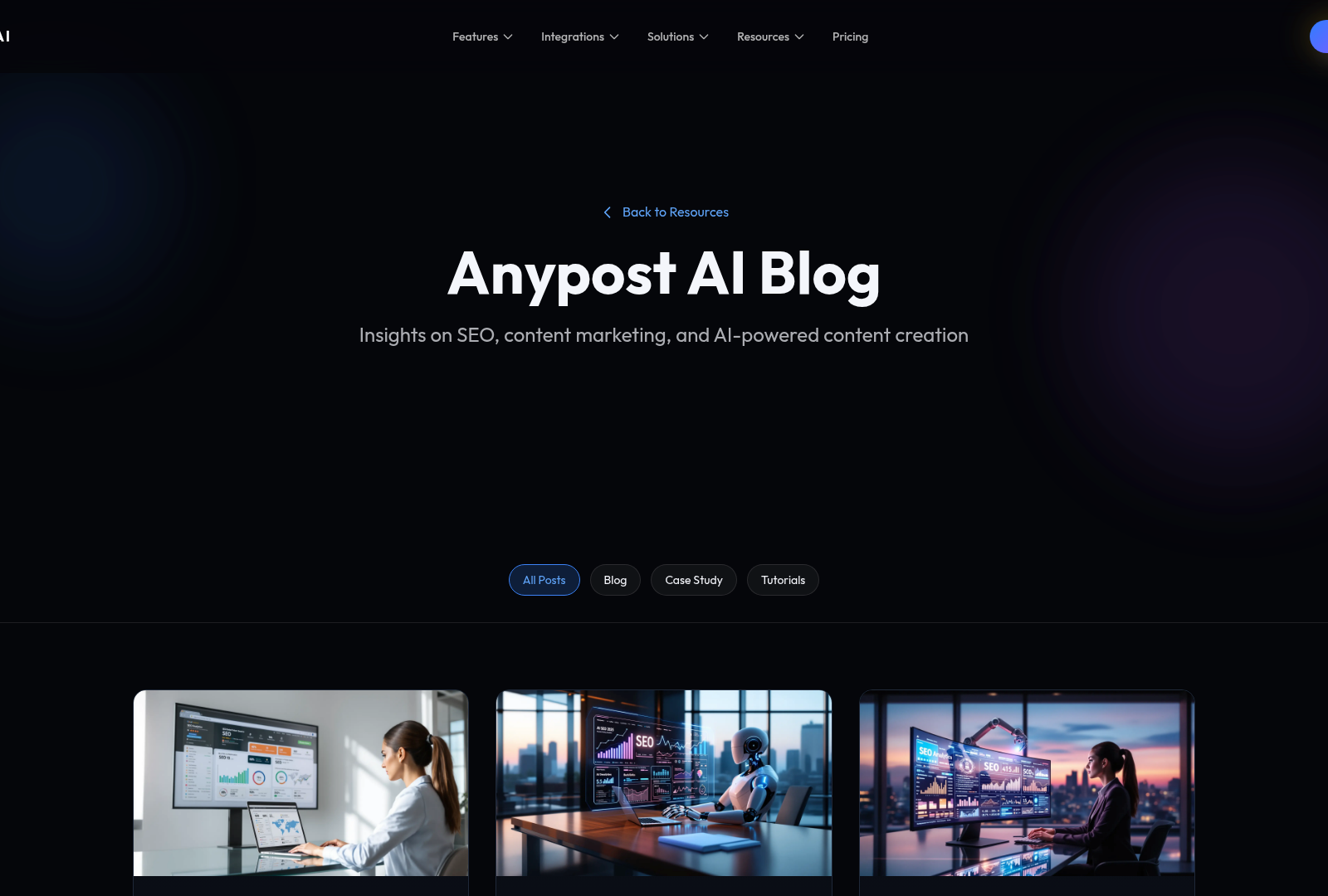 Screenshot: Blog landing page that lists recent posts on SEO, content marketing, and AI‑powered reporting, showcasing practical examples of measurement and reporting.