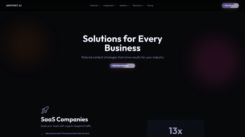 Screenshot: Solutions page illustrating how AnyPost.ai supports multi‑channel content creation