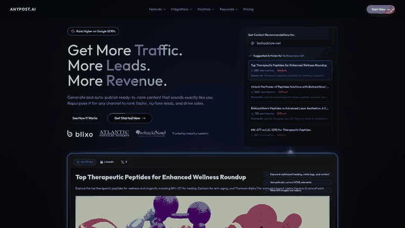 Screenshot: Homepage of AnyPost.ai showcasing its AI‑powered content generation and SEO‑optimized publishing features.