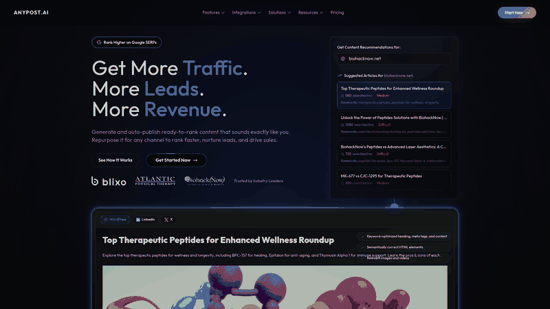 Screenshot: Landing page of AnyPost AI showcasing its positioning as an automated content generation and SEO‑optimized publishing platform.