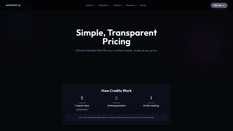 Screenshot: AnyPost.ai pricing page with SEO optimization, multi-platform publishing, and analytics options.
