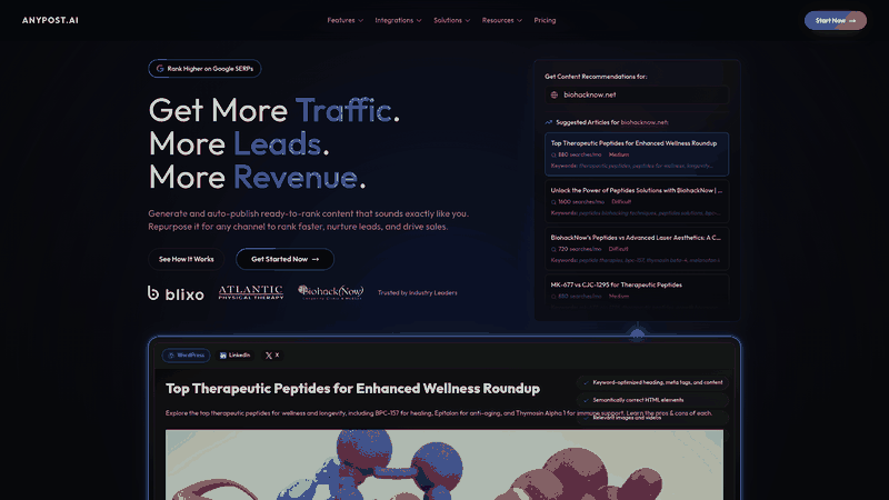 Screenshot: Homepage hero showcasing the platform’s promise of long‑form, SEO‑optimized content and a clear call‑to‑action.