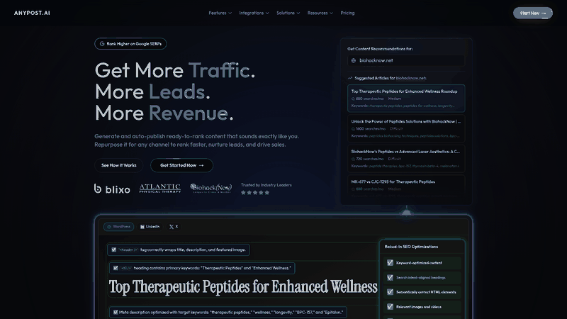 Screenshot: Landing page showcasing the brand, core value proposition, and key feature highlights.