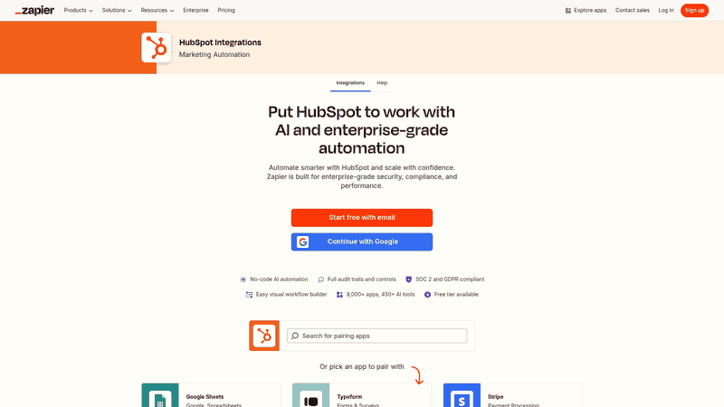 Screenshot: Zapier integration page demonstrating how to connect HubSpot with other applications.