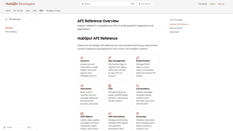 Screenshot: Overview page of HubSpot API reference, showing the API explorer and key endpoints.