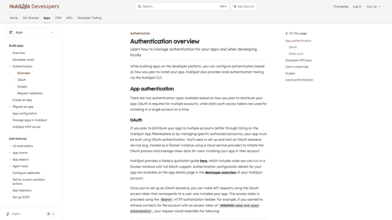 Screenshot: HubSpot private app creation interface, illustrating how to generate an access token.