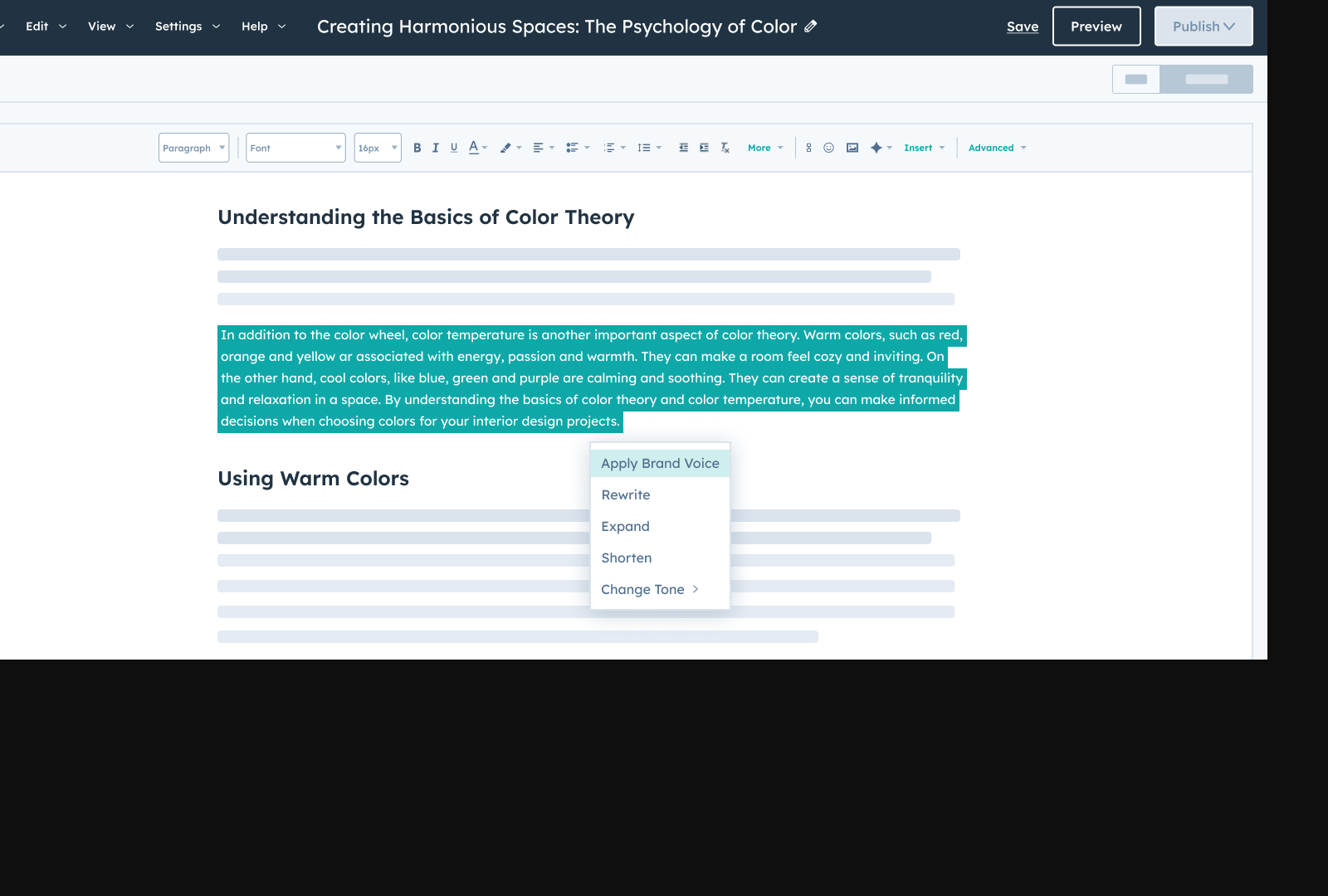 Screenshot: Screenshot of HubSpot’s Brand Voice feature, showing the AI‑driven brand consistency editor.