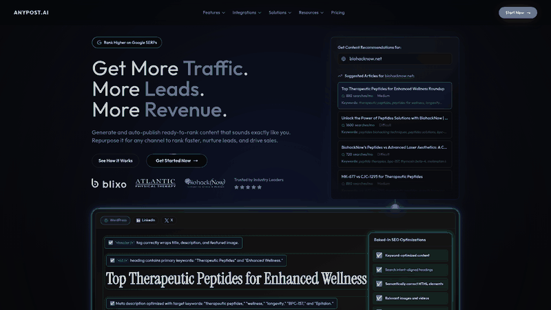 Screenshot: Feature list highlighting automated content generation, SEO‑optimized publishing, persona engine, and analytics.
