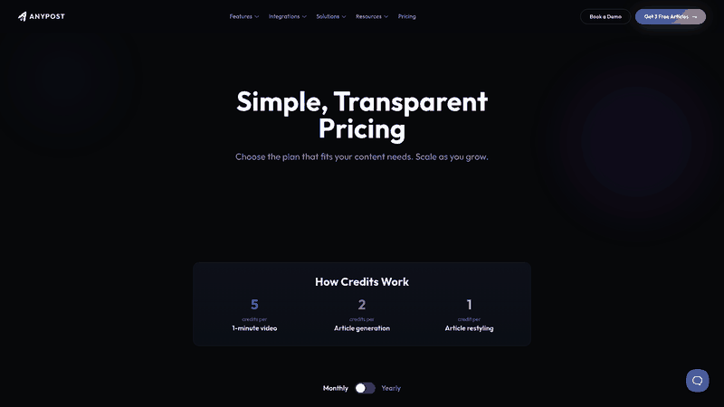 Screenshot: Pricing table showing starter, growth, and enterprise plans with credit usage details.