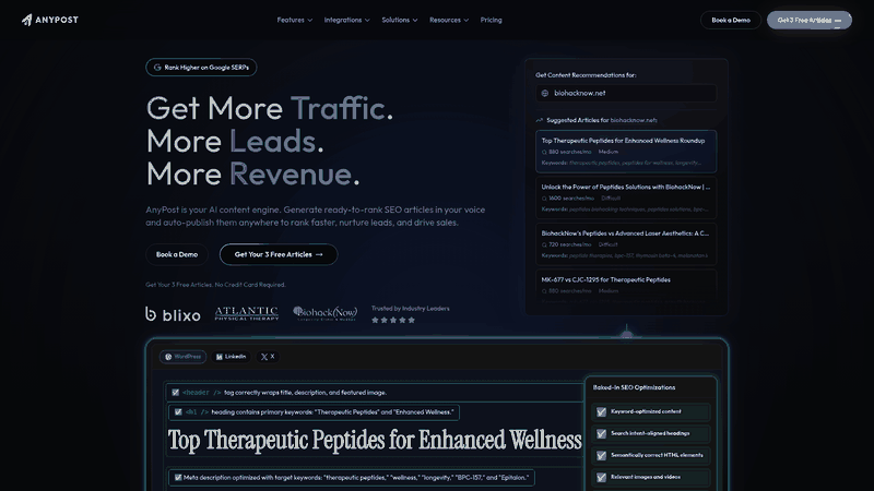 Screenshot: Feature list highlighting AI‑generated content, multi‑channel publishing, and automated SEO.