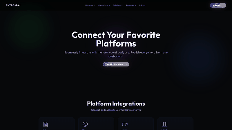 Screenshot: Integrations page showing connectivity with WordPress, LinkedIn, YouTube, and other publishing platforms.