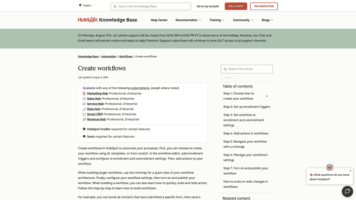 Screenshot: Screenshot of the HubSpot workflow editor with a trigger box and action blocks.
