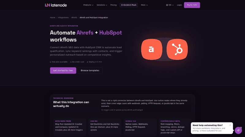 Screenshot: Screenshot of the Latenode integration interface, displaying available triggers and actions for Ahrefs and HubSpot.
