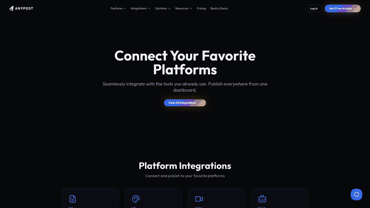 Screenshot: Integrations page displaying the range of platforms (WordPress, YouTube, LinkedIn, etc.) that AnyPost can publish to.