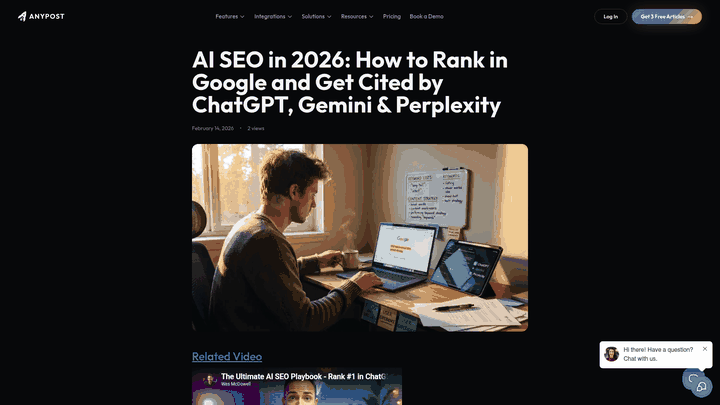Screenshot: Screenshot of the AI SEO in 2026 blog post highlighting the section that explains how AnyPost enables content to be cited by AI assistants such as ChatGPT, Gemini, and Perplexity.