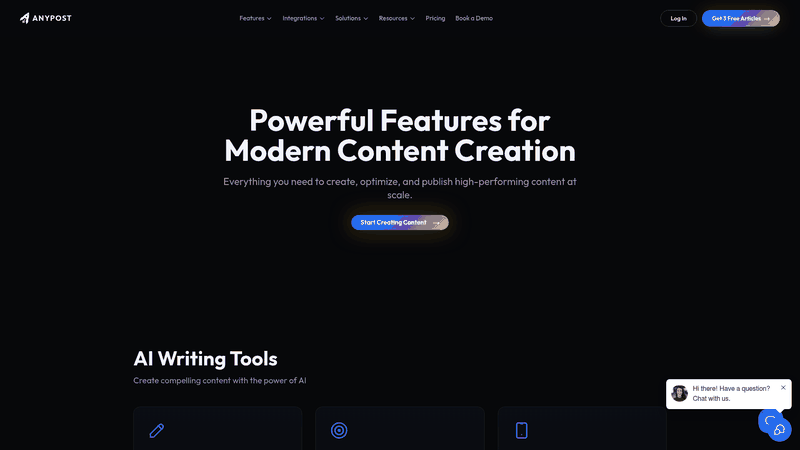 Screenshot: Screenshot of the Features page section that displays the Performance Analytics dashboard, including real‑time traffic, rankings, and engagement data.