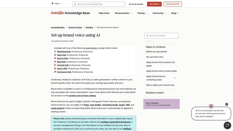 Screenshot: HubSpot Knowledge article that walks through setting up brand voice, including screenshots of the editor interface.
