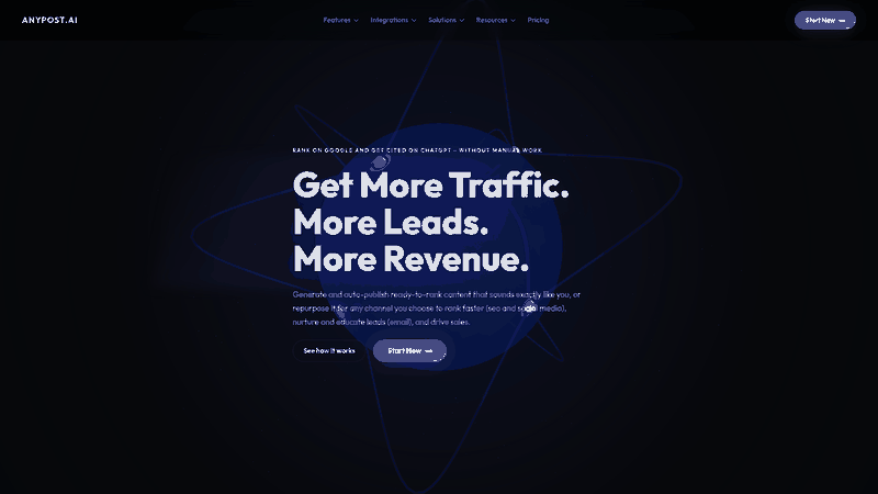 Screenshot: Landing page showing the platform’s tagline and key promises—"Generate and auto‑publish ready‑to‑rank content that sounds exactly like you".