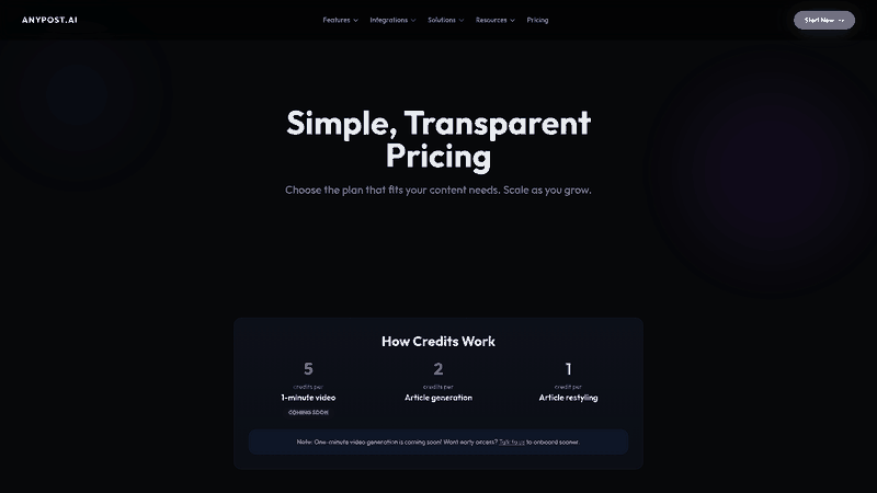 Screenshot: Pricing page displaying plan tiers, credit usage, SEO optimization, multi‑platform publishing, and analytics options.