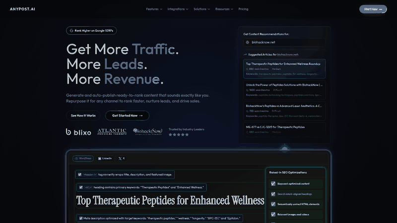 Screenshot: Overview of AnyPost.ai homepage showcasing the product tagline, key features, and call‑to‑action.