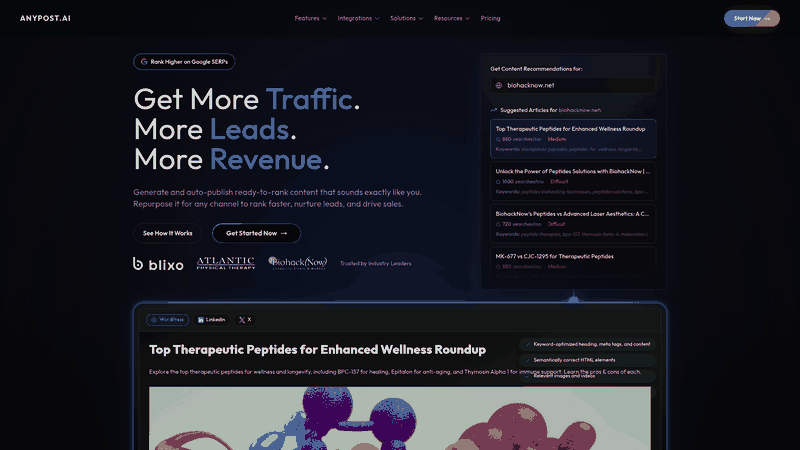Screenshot: Homepage showcasing the brand and core content‑generation capabilities.