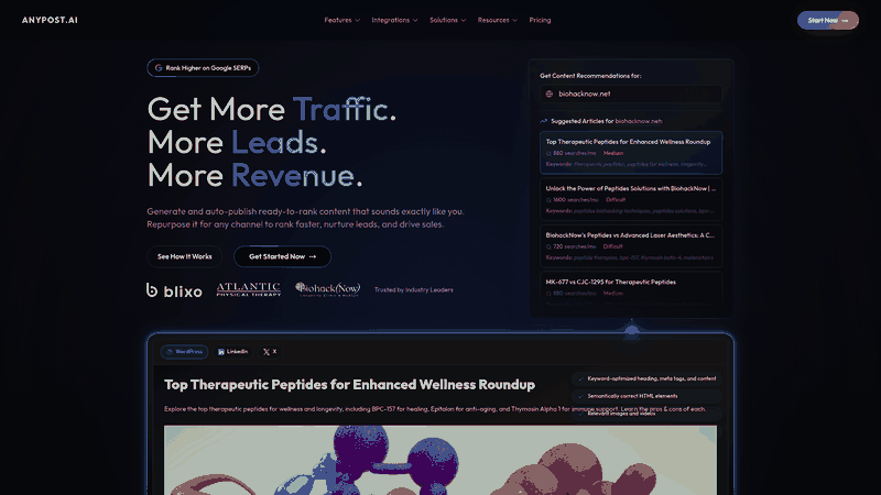 Screenshot: Homepage overview of the AnyPost AI platform, highlighting its focus on SEO‑optimized content creation.