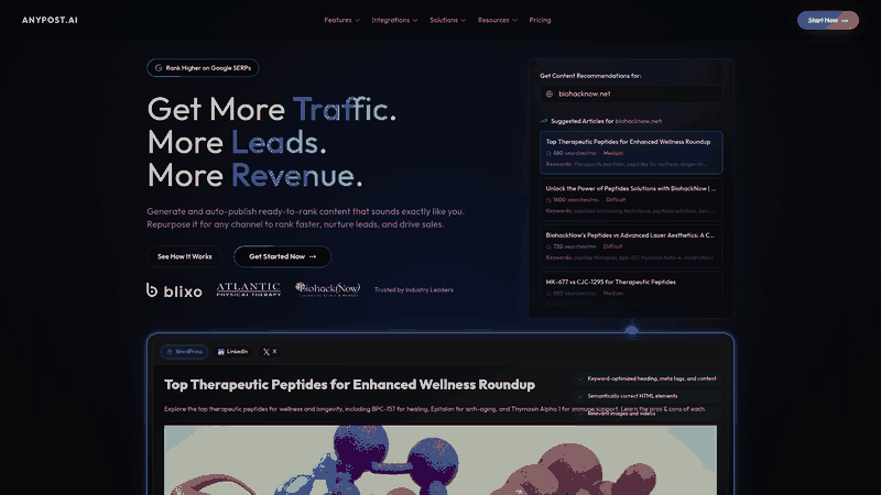 Screenshot: Homepage showcasing the platform’s automated content creation and brand‑voice matching capabilities.