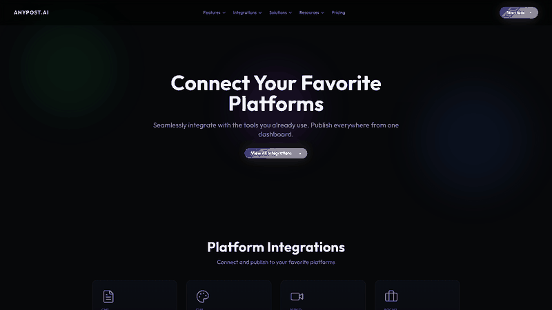 Screenshot: Integrations page showing connections to popular publishing and analytics tools.