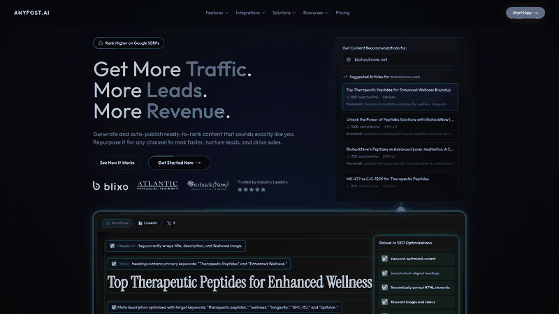Screenshot: Homepage hero showcasing the platform’s AI‑powered long‑form content creation and brand‑voice matching.