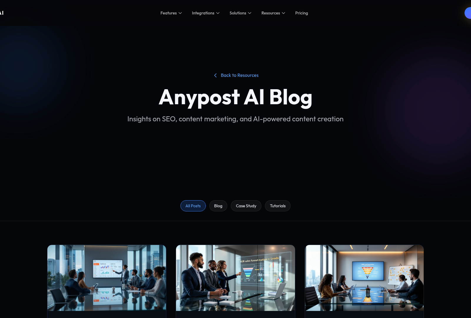 Screenshot: Blog page snapshot highlighting topics on SEO, content marketing, and AI‑powered content creation.